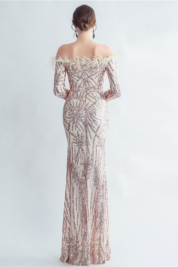 Sparkly Off The Shoulder Selentejuelas Golden Prom Vestido con plumas
